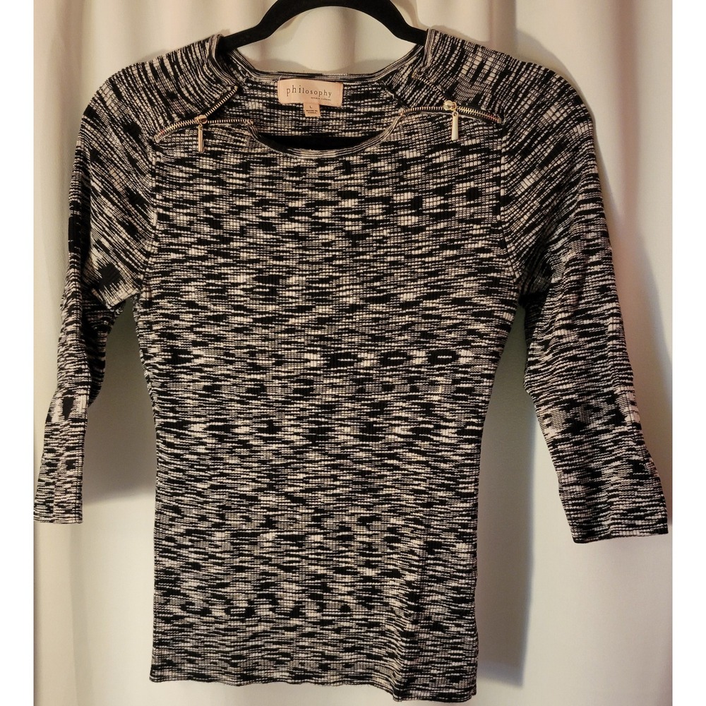 Philosophy by Republic Marled Knit Top Black White Zipper Shoulder Sz L